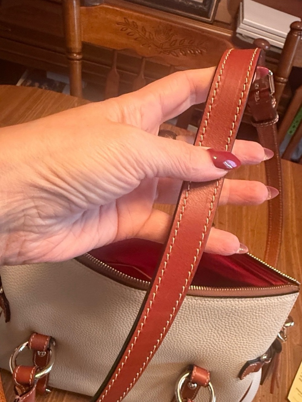 Dooney & Bourke Cream Pebbled Leather Satchel with Tan Trim - Picture 8 of 9